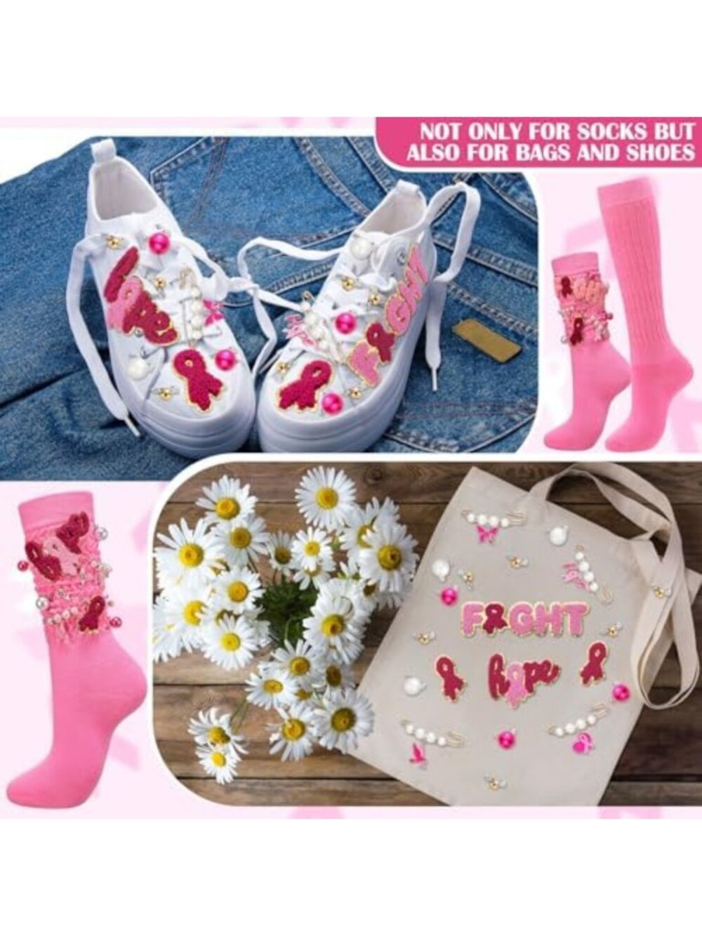 2 Pairs Pink Breast Cancer Awareness Socks with Charms & Pins for Women - Picture 4 of 6